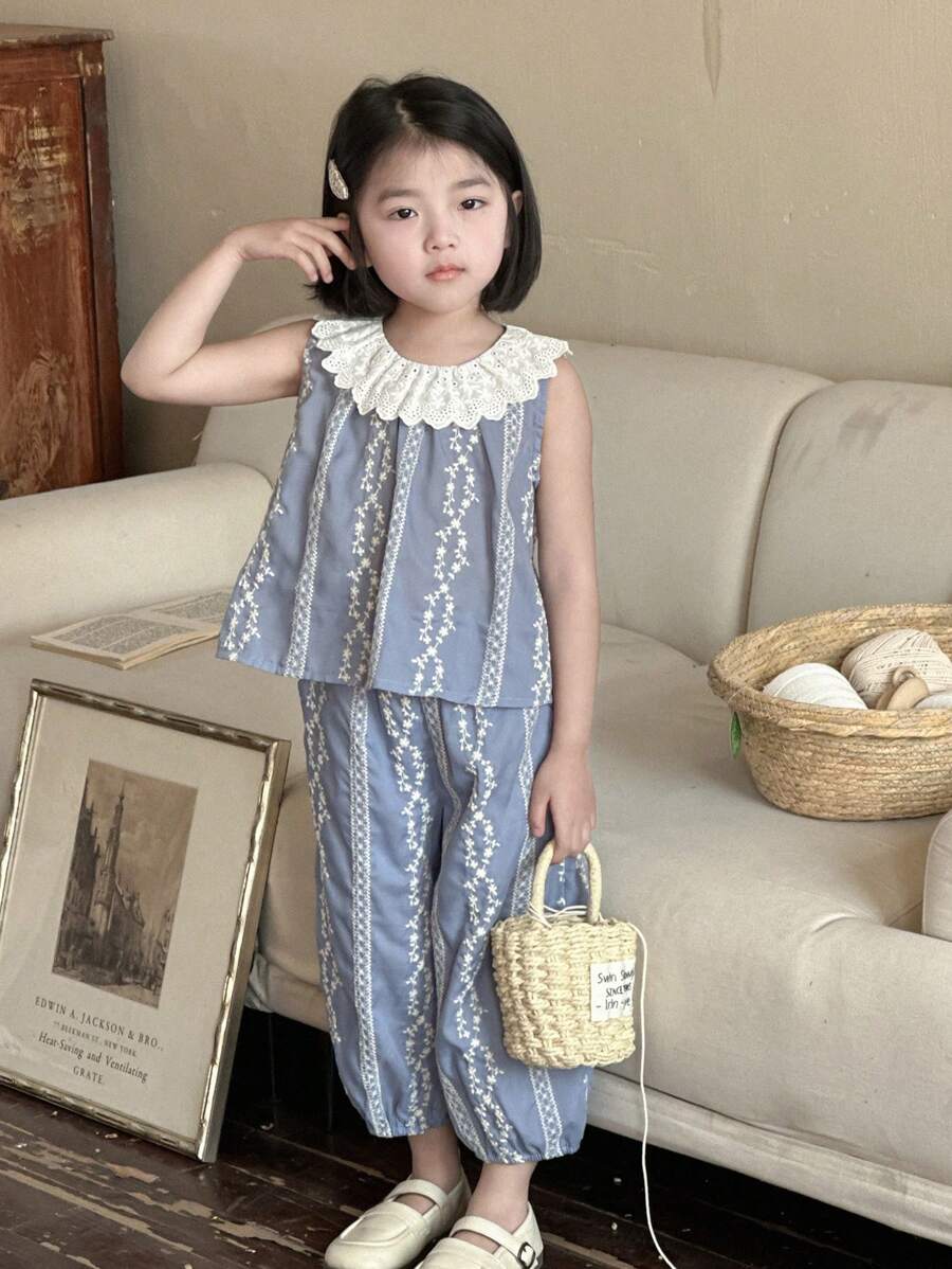 DAZY 2pcs Young Girl Solid Color Patchwork Round Neck Sleeveless Top And Long Pants Set,Girls Summer Outfits