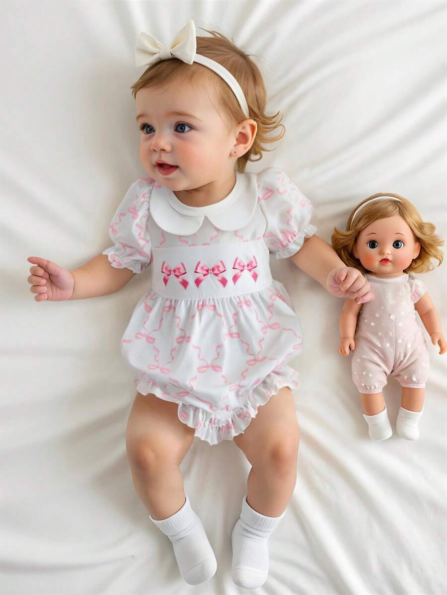 Souflis Souflis Baby Girls Summer Simple Pink Butterfly Pattern Puff Sleeve Adorable Gather Ruffle Hem Casual Outing Essential