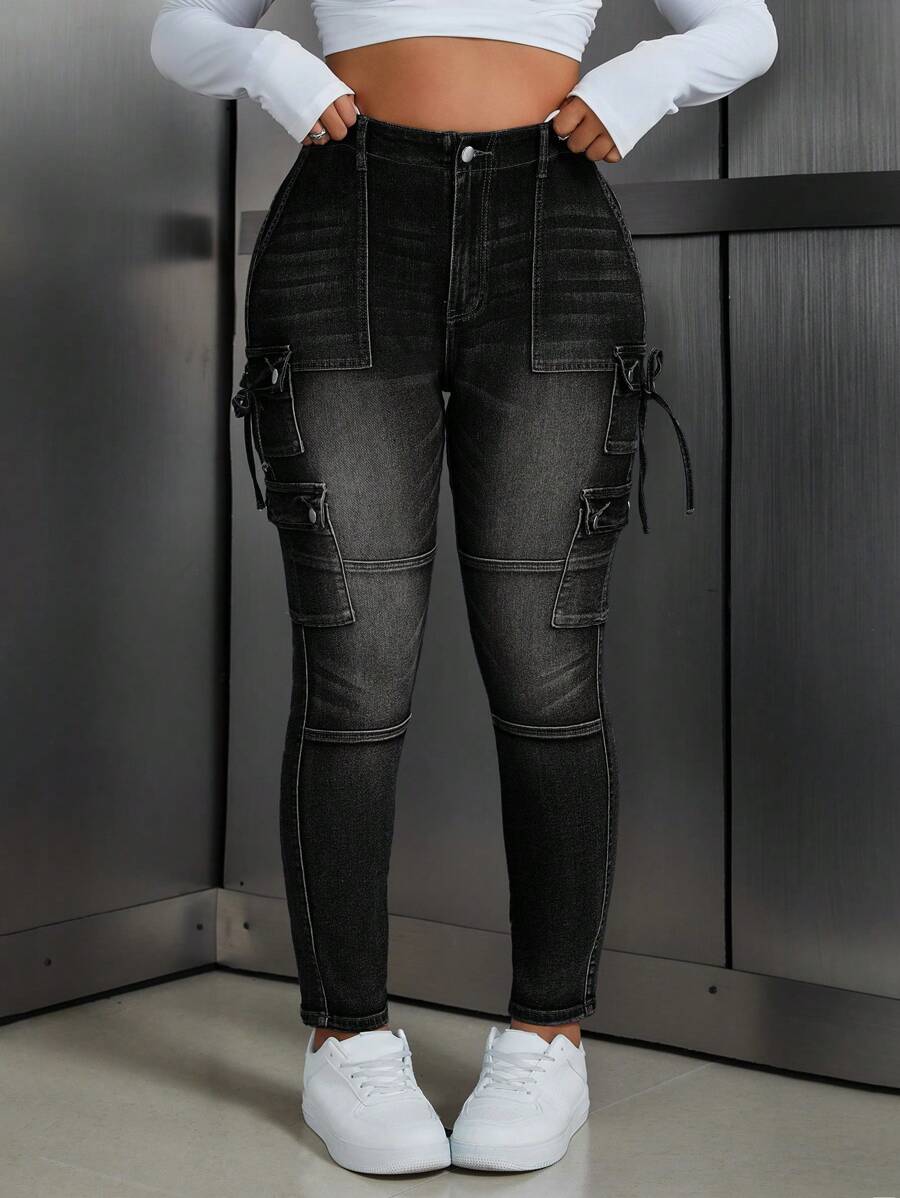 SHEIN ICON Plus Size Casual Washed Slim Fit Cargo Jeans