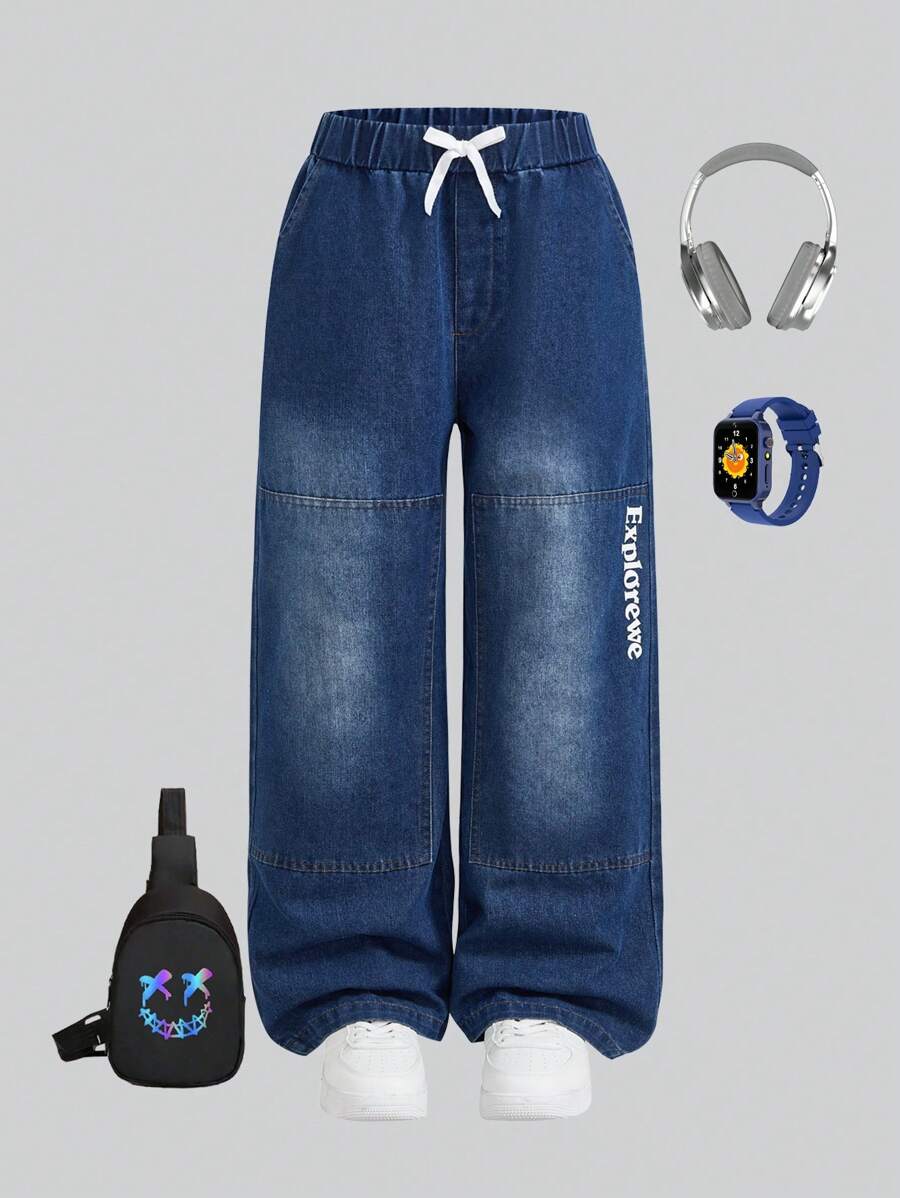SHEIN Jeans de vestir casual lavado con estampado de letras para niño preadolescente