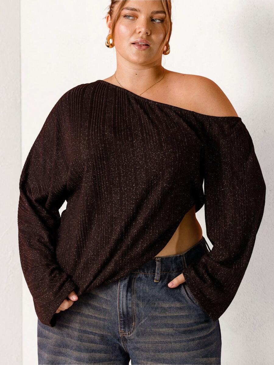 Aralina Curve Asymmetrical Hem Ribbed Long Sleeve Knit Top