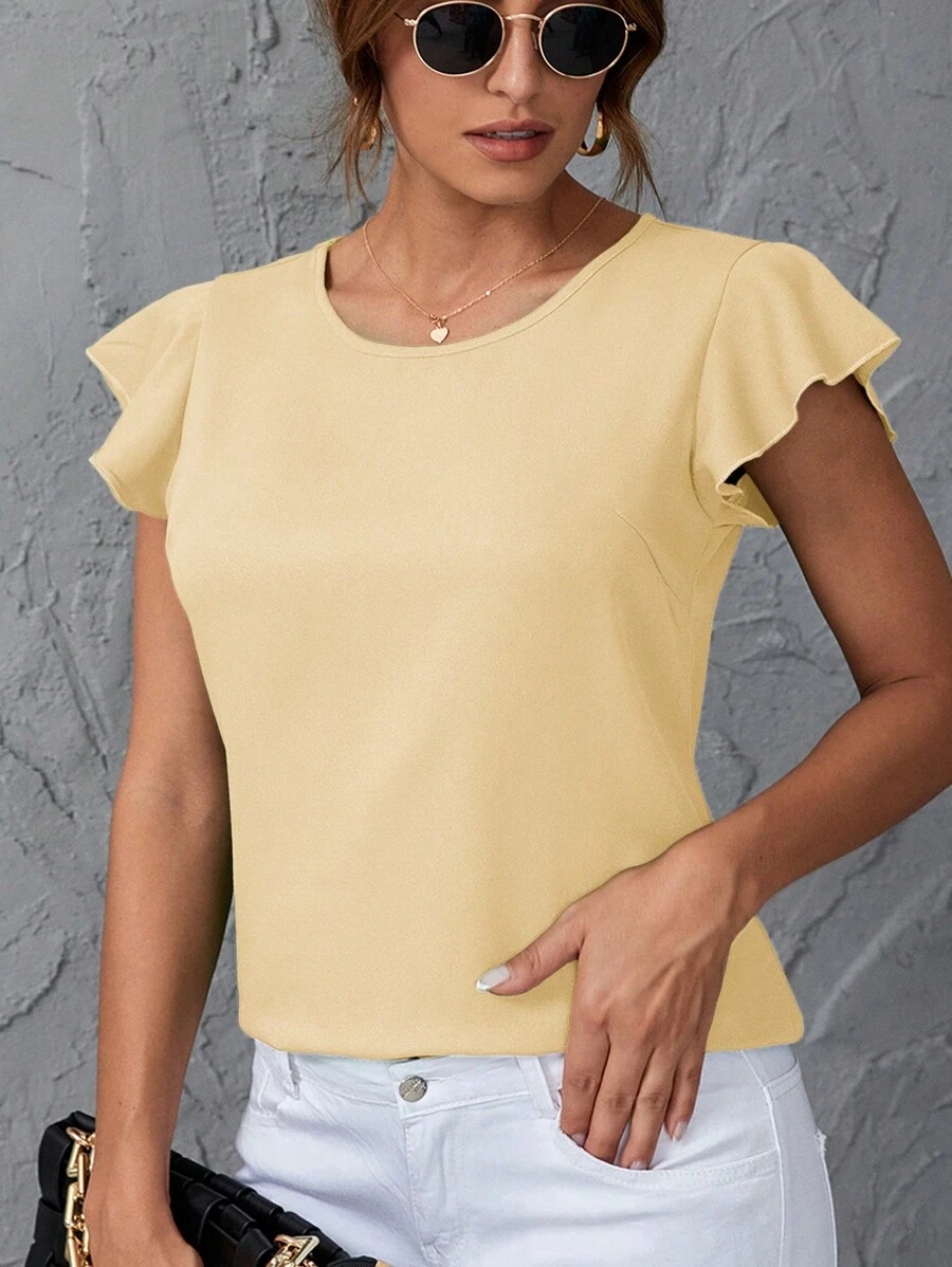 SHEIN Clasi Blusa da donna casual a maniche corte con collo rotondo e ruches, tinta unita