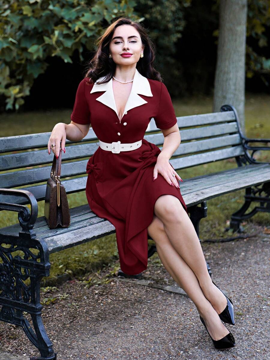 Vintamour Vestido elegante vintage de verano y otoño para mujer con cuello de color block, lazo y mangas cortas acampanadas. Atuendo de mujer para el Día de Acción de Gracias, ropa elegante de otoño, vestidos de mujer para el Día de San Valentín, atuendos de verano para mujer, vestidos elegantes para mujer