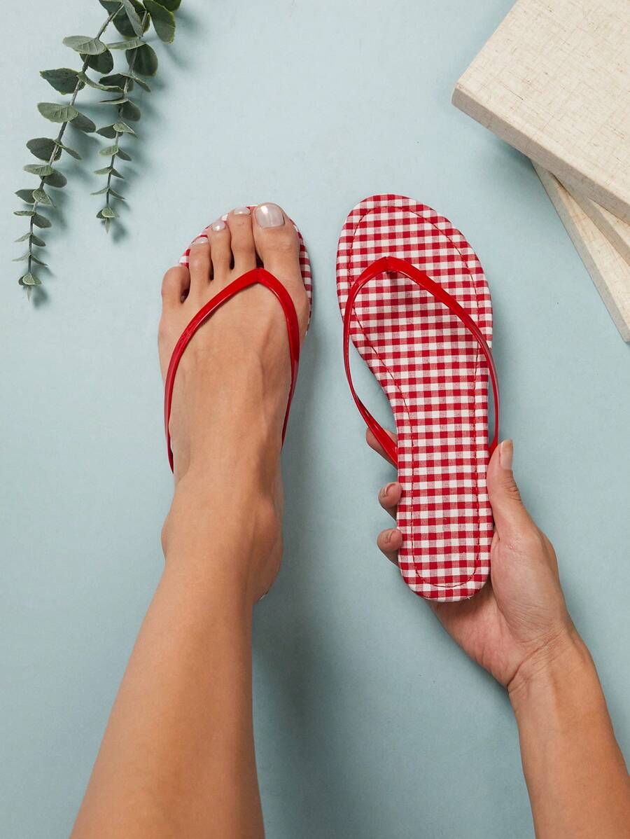 SHUZIA Sandalias planas de tanga con estampado a cuadros para mujer, para el verano