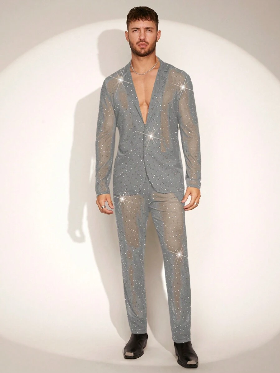 FeverCity Conjunto de traje traslúcido de manga larga y pantalón largo minimalista para hombres