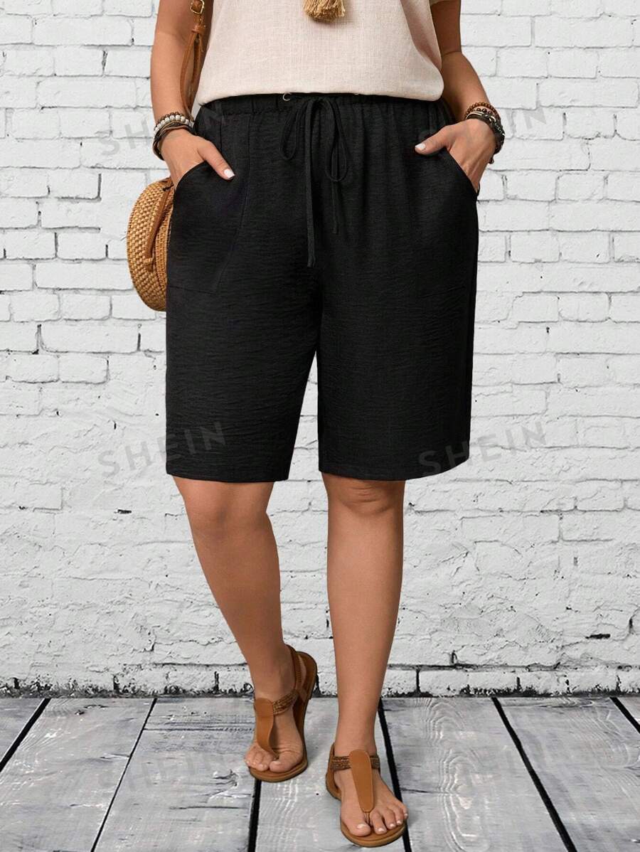 EMERY ROSE Shorts casuales de mujer talla grande de unicolor con cordón en la cintura y bolsillos