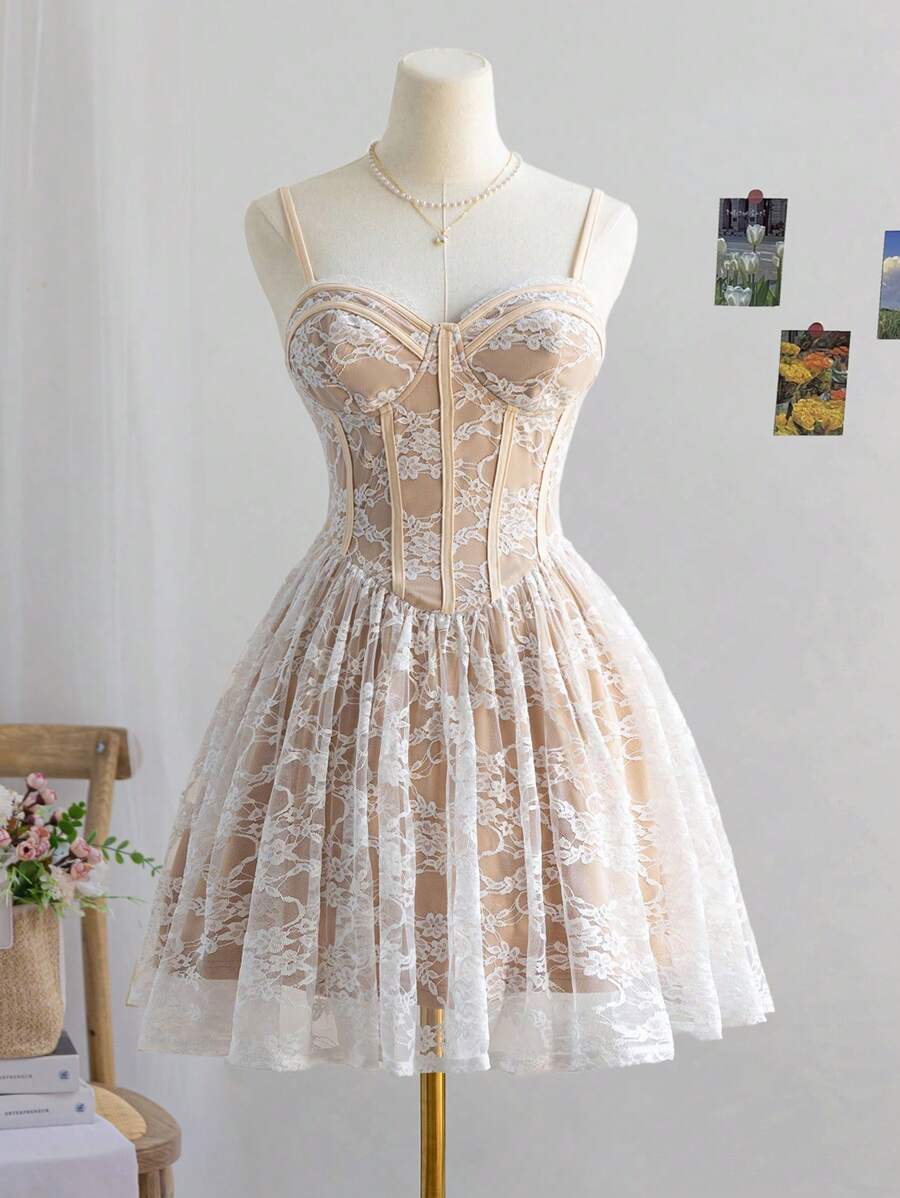 Soleia Women's Romantic Country Style Elastic Lace Patchwork Flounced Waisted Sweet Spaghetti Strap Cute Mini Dress, Valentine's Day,Vacation Outfits Woman,Birthday Homecoming Dress For Women,Dress For Women Elegant,Summer Dress For Women,Mardi Gras