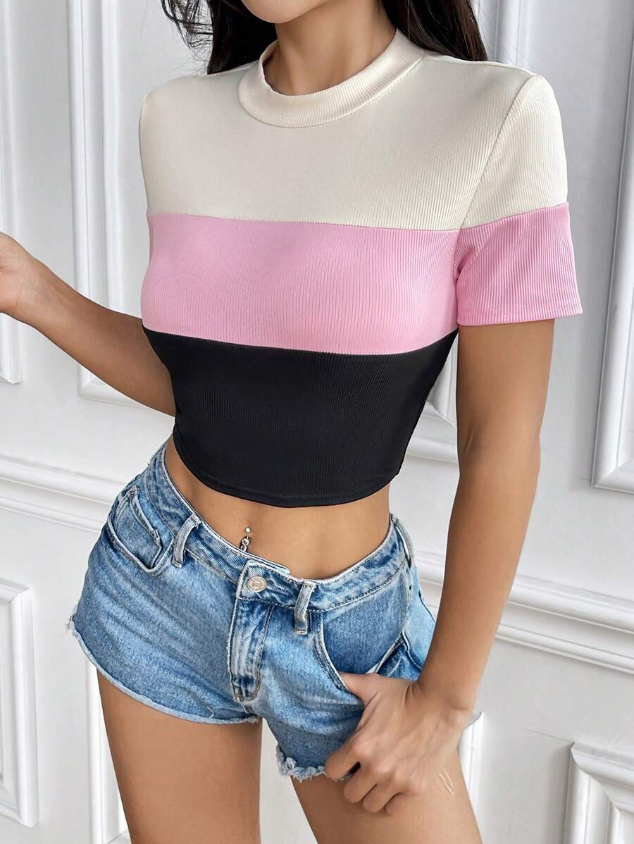 SHEIN EZwear Casual Multi-Color Patchwork Short Sleeve Slim Crop T-Shirt