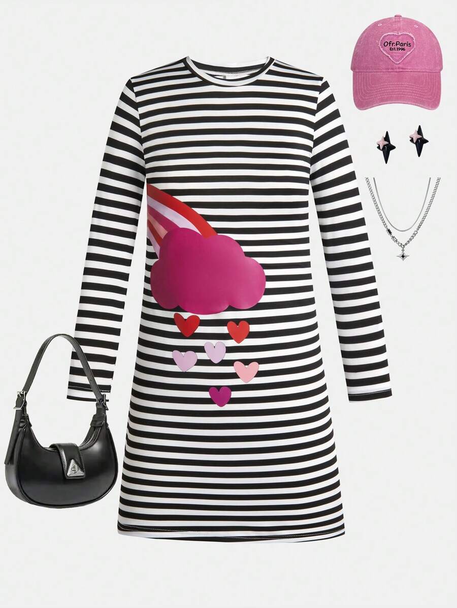 Vestido de manga larga cuello redondo para niñas preadolescentes con estampado de corazones, arcoíris y patrones climáticos a rayas, elegante y lindo, apropiado para la escuela, salir y todas las estaciones