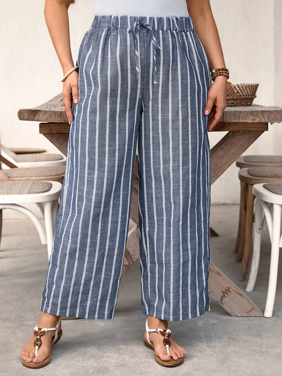 SHEIN LUNE Plus Size Women Linen Striped Elastic Waist Pants, Spring/Summer
