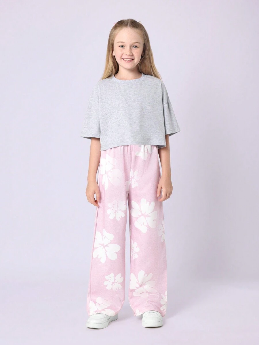 SUMWON Conjunto coordenado para adolescentes, camiseta curta grande, perna larga, calça palazzo floral, roupa de dormir casual de duas peças, primavera-verão, traje de resort para férias
