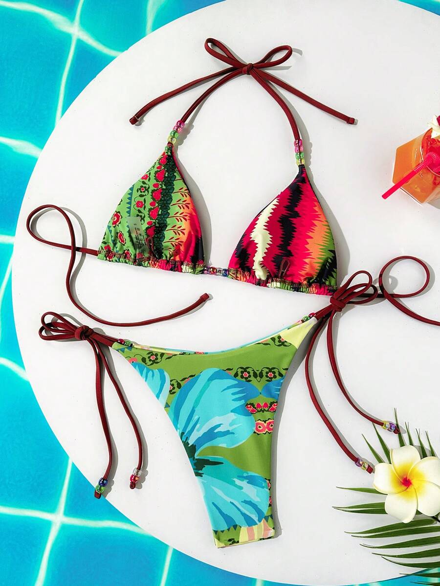 Bikini de dos piezas casual con estampado, tirantes finos y cuello de halter, para uso en la playa, para mujer en verano