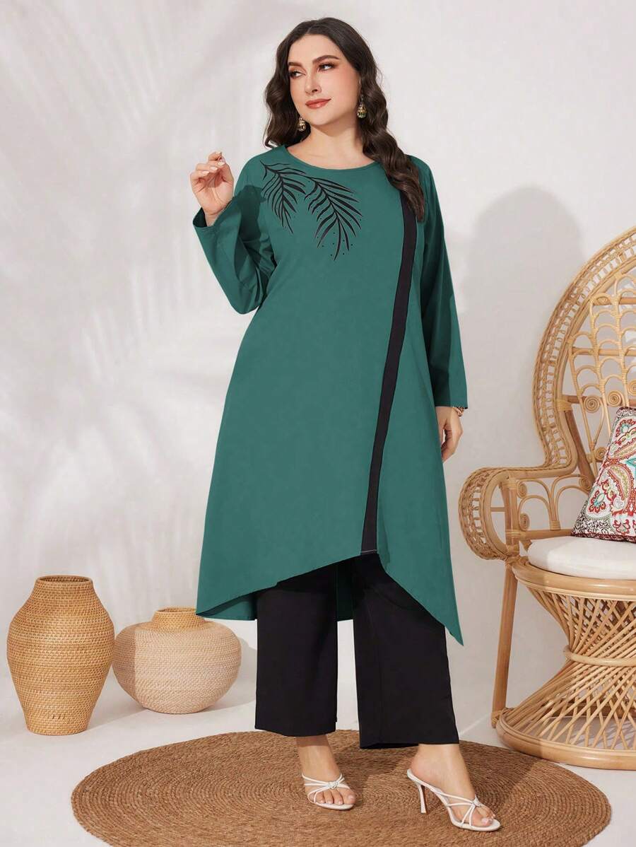 Mulvari 2 stuks/set Plus Size Casual Ronde Hals Lange Mouw Top en Broek