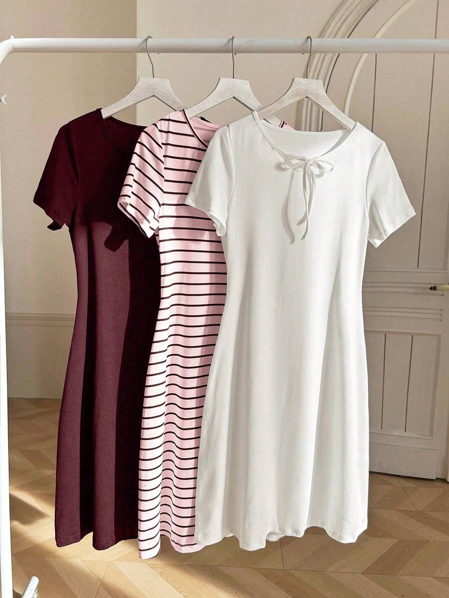 Shein Underwear&Sleepwear Basics 3 Conjuntos de vestido a rayas blanco y rojo