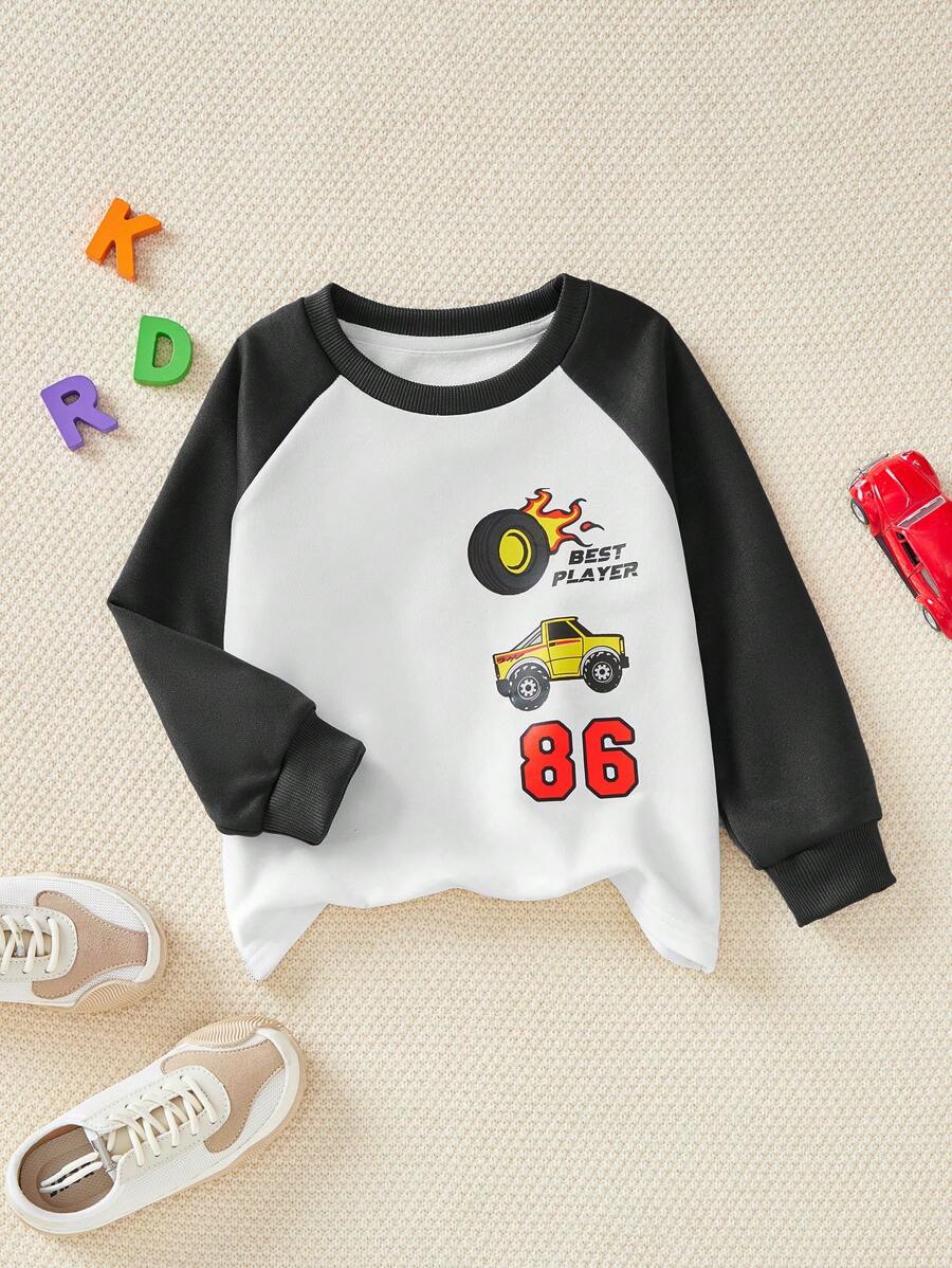 Sudadera con bloques de color, estampado de coche y letras para niño