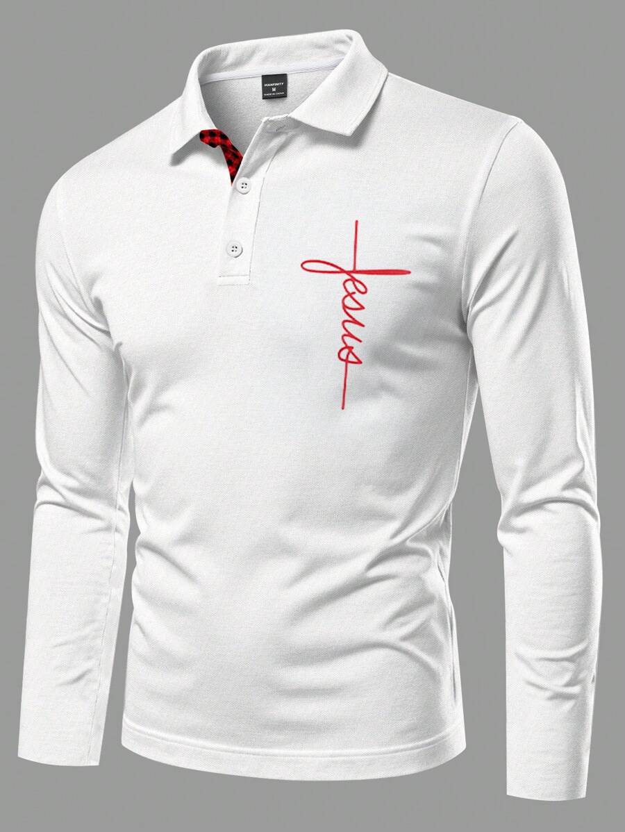 Manfinity Homme Men's Letter Graphic Long Sleeve Polo Shirt, Casual Everyday Wear, For Golf