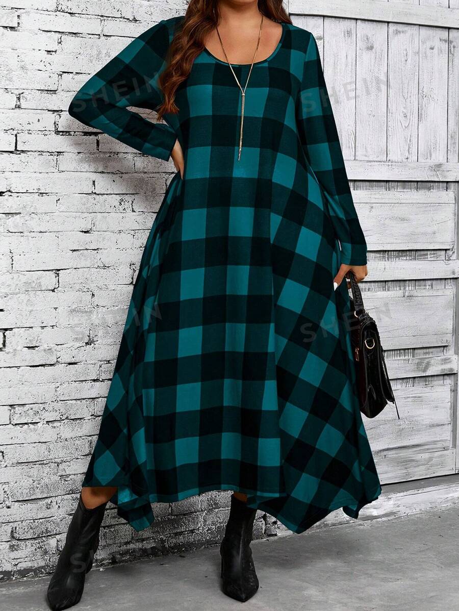 EMERY ROSE Vestido midi a cuadros para mujer de talla grande, ropa de mujer para otoño