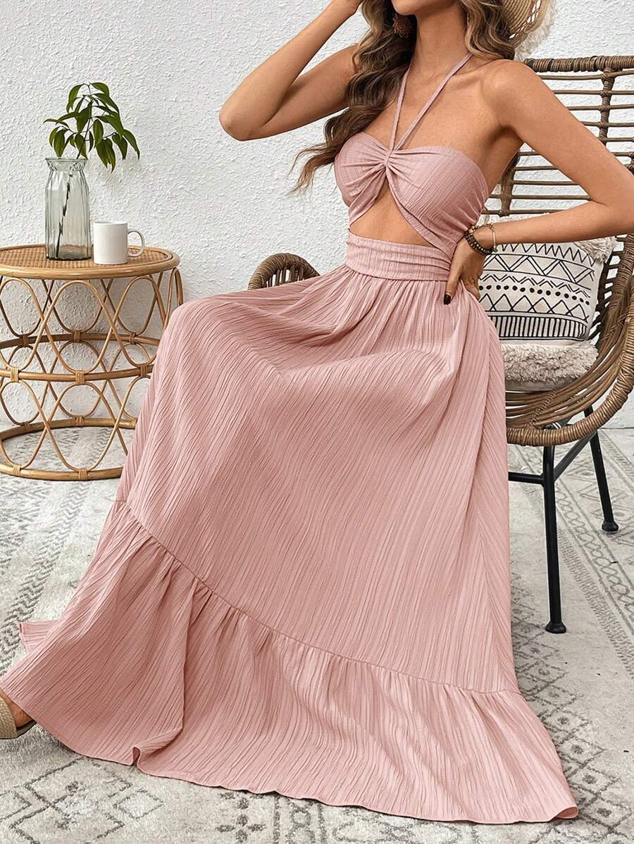 SHEIN VCAY Women's Solid Color Hollow Out Waist & Halter Neck Vacation Dress