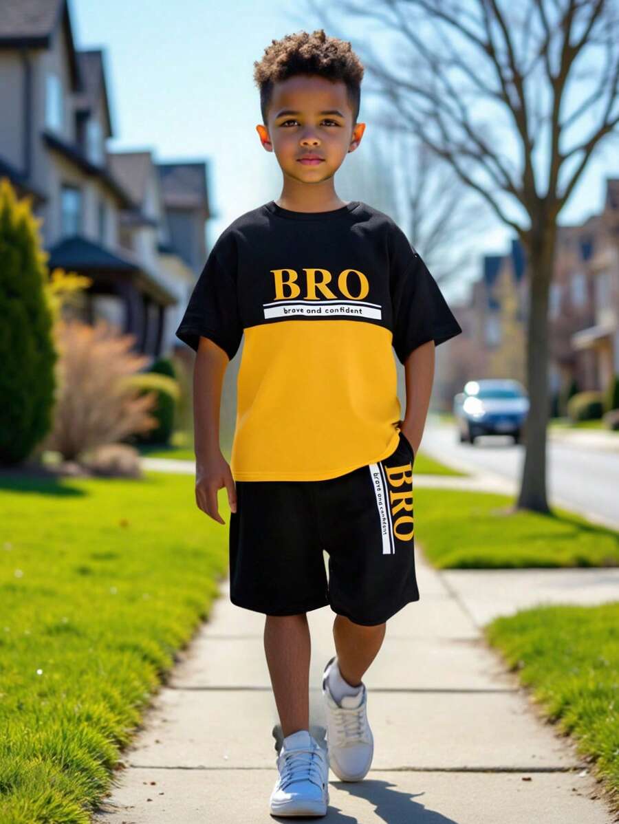 Tween Boys' Leisure Patchwork Letter Print Short Sleeve T-Shirt And Shorts Set