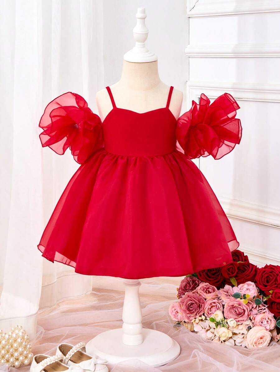 SHEIN Fern Glow Babygirl Lovely Summer Red Knitted Patchwork Organza Ruffle Trim Spaghetti Strap Party Dress