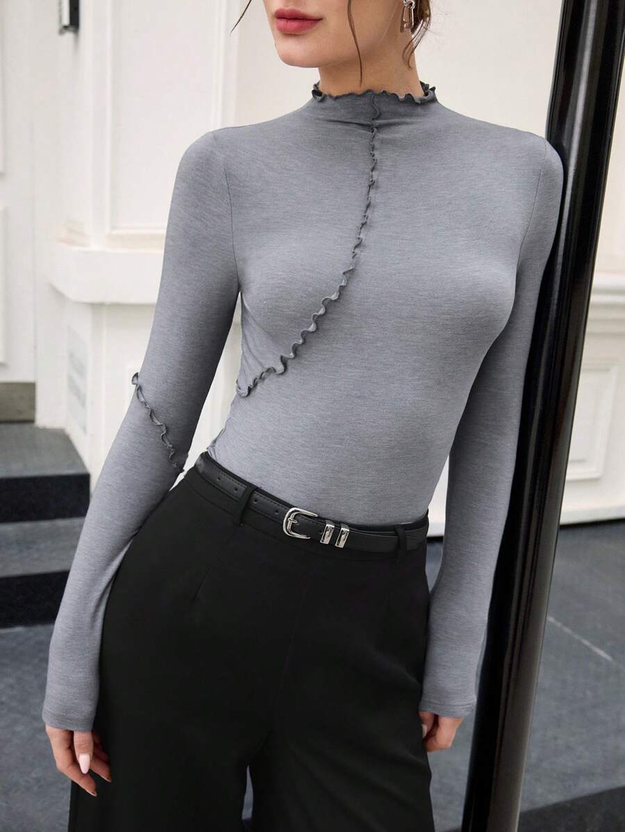 BizChic Grey High Neck T-Shirt Base Layer, Commute Wear For Women, New Year Party, Valentine's Day Date Outfit