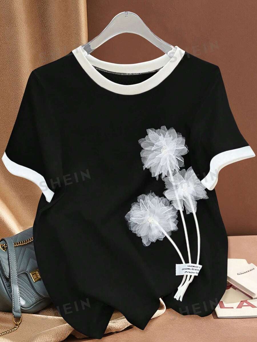 SHEIN LUNE Camiseta de manga corta casual de verano para mujer con decoración gráfica de flor 3D
