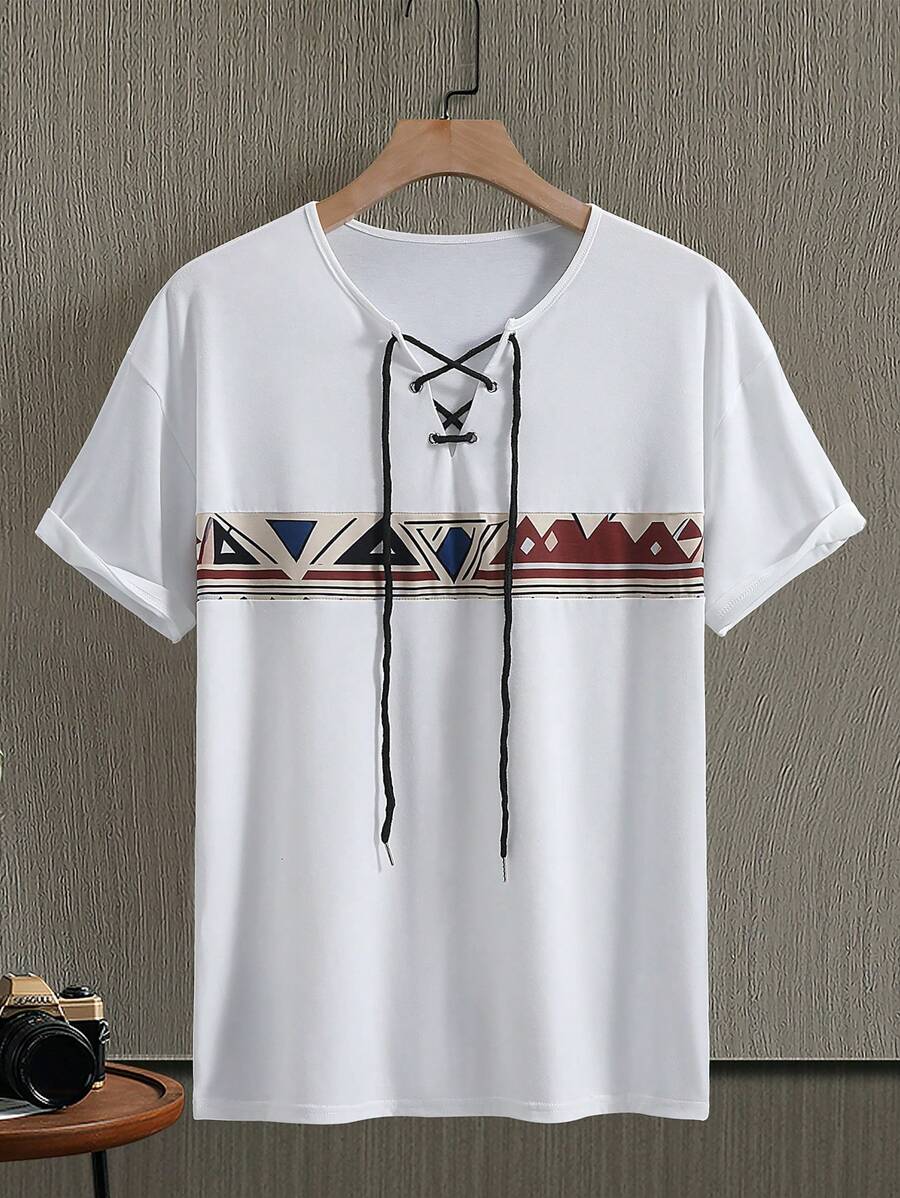 Manfinity RSRT Camiseta casual de manga corta con cordones delanteros de unicolor para hombre