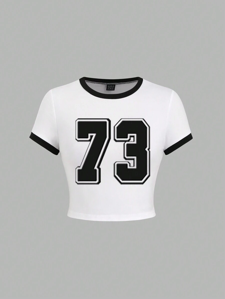 SHEIN Casual Numeric Pattern Short Sleeve Round Neck T-Shirt For Women