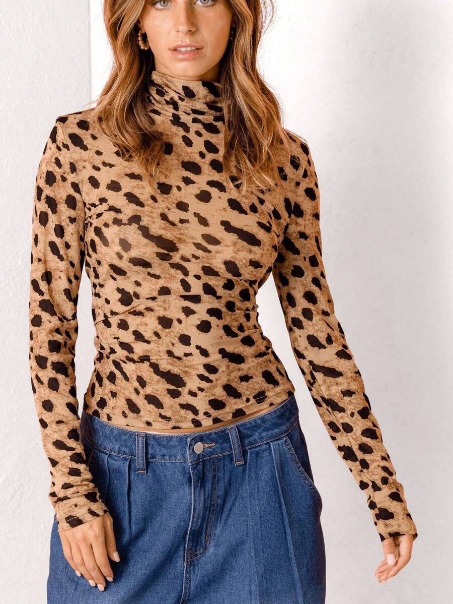 Aralina Leopard Print High Neck Stretchy Mesh Top