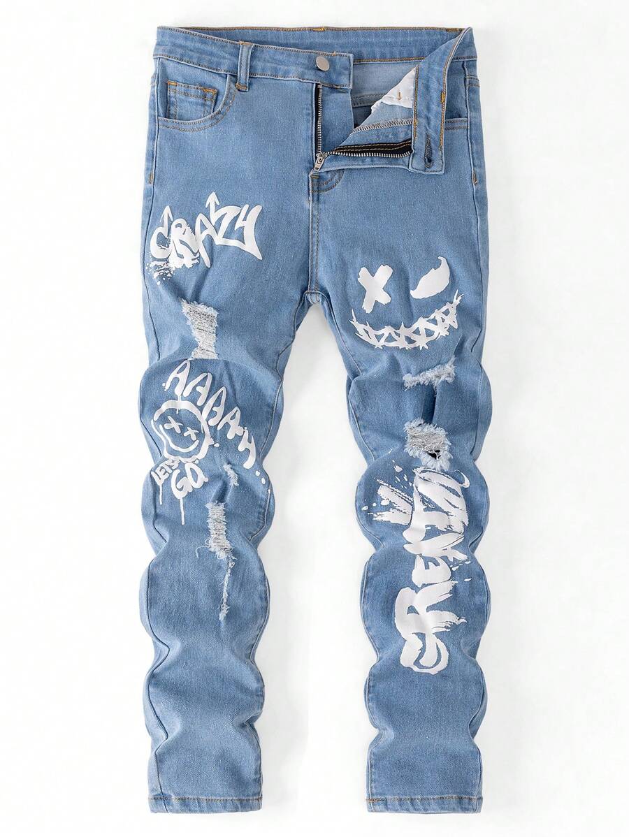 SHEIN Jeans de mezclilla negros y blancos para niños preadolescentes con efecto desgastado, rasgado y asimétrico, de tiro medio y silueta ajustada, para ropa de otoño de niños preadolescentes