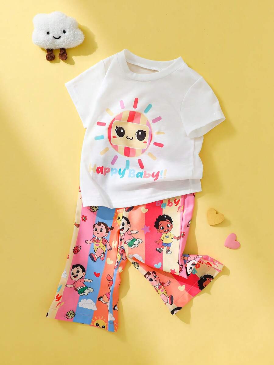 Babymeisje/jongen 0-3 jaar Lente/zomer schattig zon baby print korte mouw T-shirt en flare broek 2-delige set