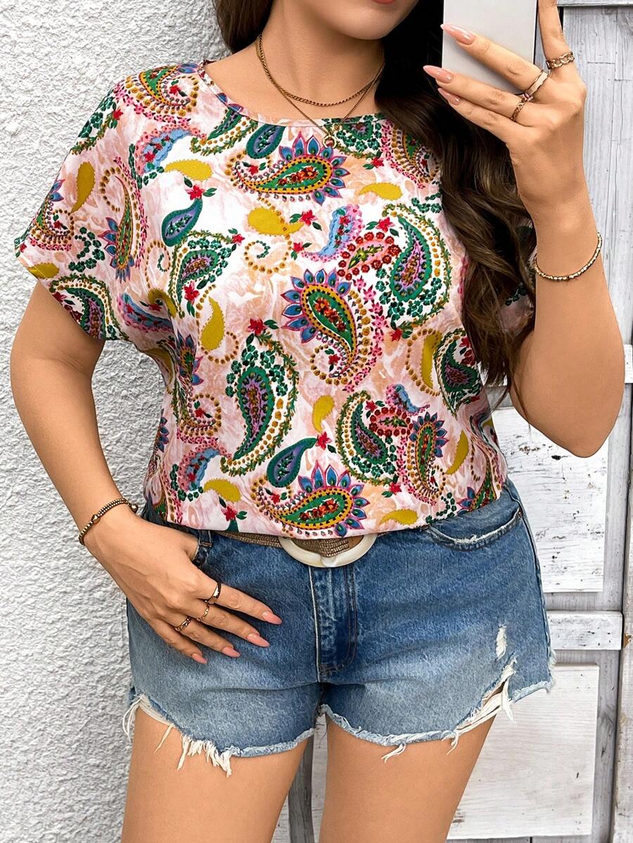 SHEIN LUNE Music Festival Paisley Flower Pattern Casual Versatile Plus Size Short Sleeve Shirt Top Summer Vacation Outfits Woman Easter Rave Outfits Festival Boho Women Clothing Country Outfits Women Country Concert Outfit Spring Outfits For Women Summer Clothes Western Wear Women