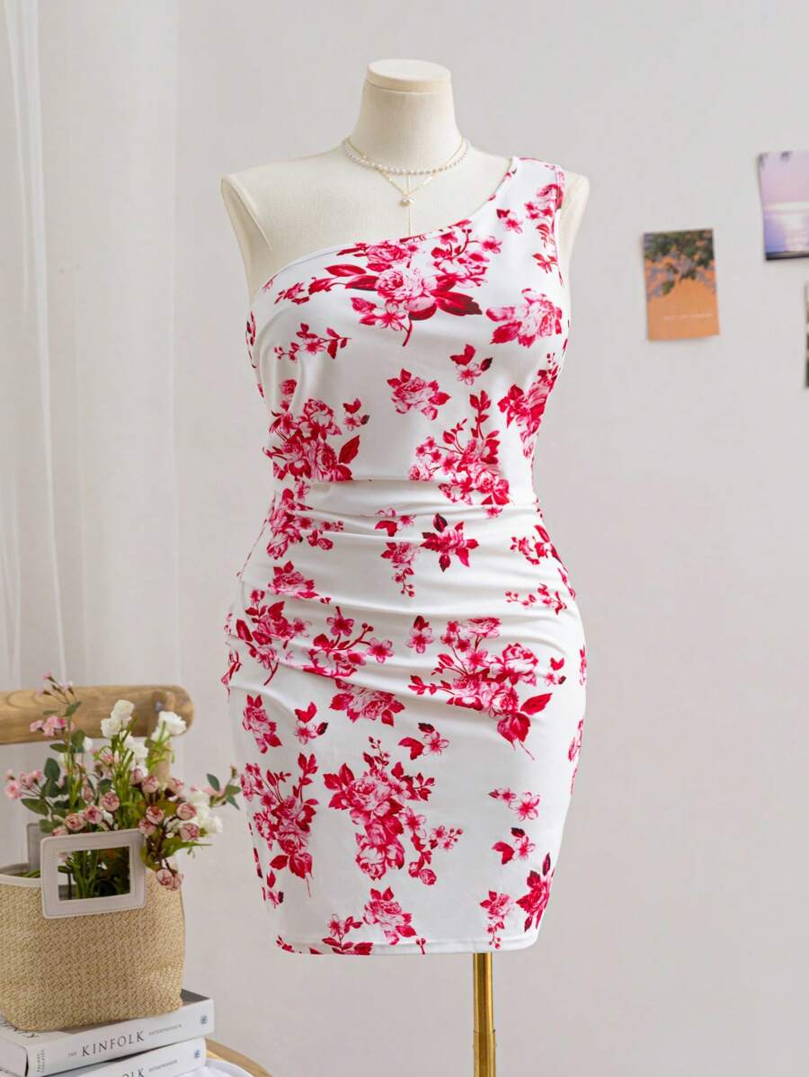 Soleia Plus Size Women Boho Floral Print Slash Neck Fitted Dress, Suitable For Vacation, Graduation Season, Back To School, Casual Wear In Autumn, For Summer