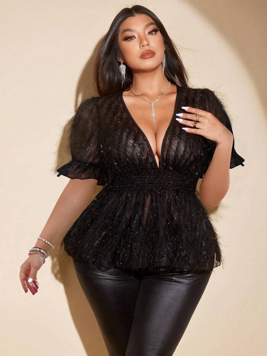Viva Relle Blusa con escote en V profundo, mangas abullonadas y flecos, de moda y sexy, talla grande
