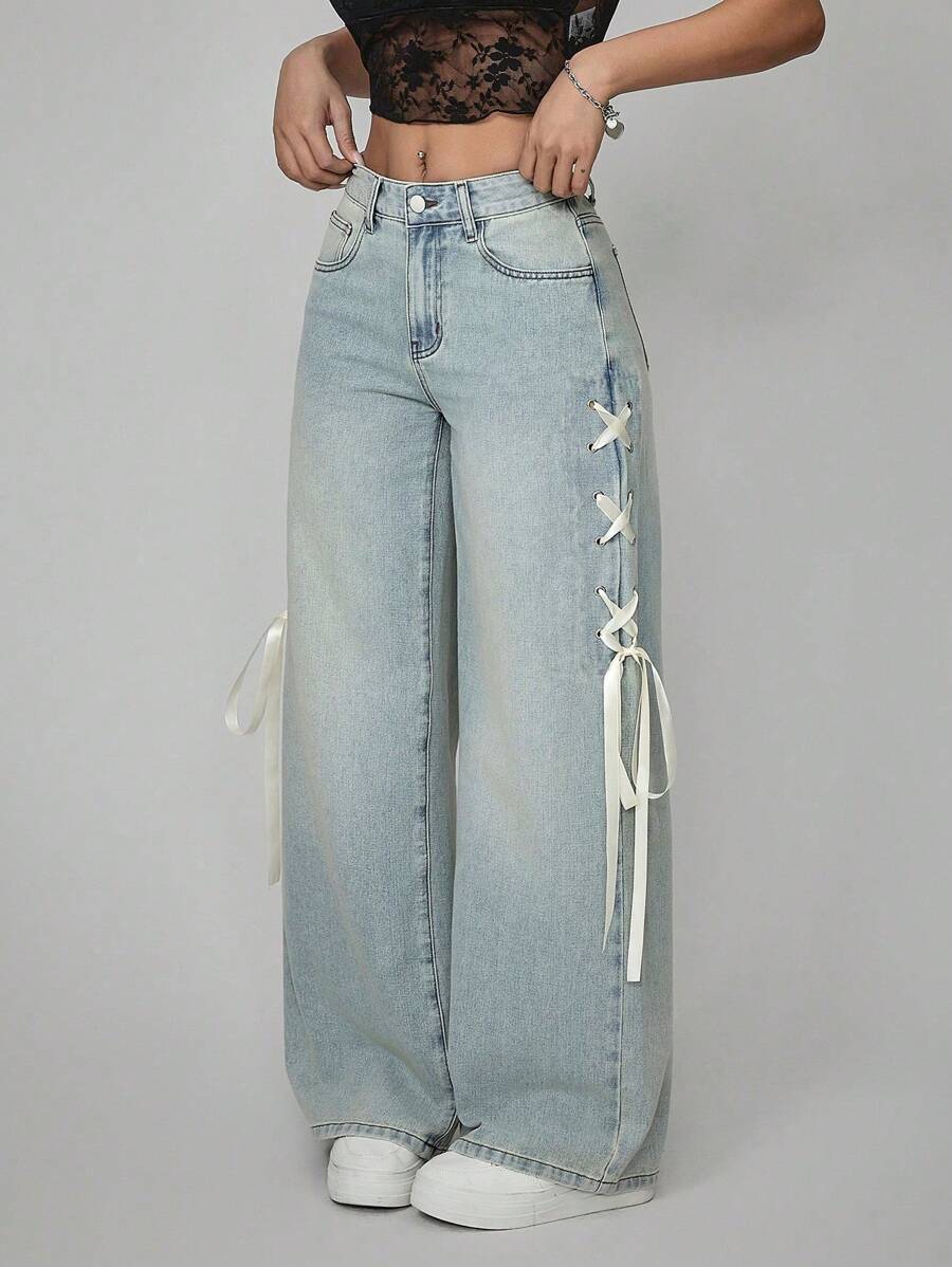 SHEIN PETITE Women's Solid Color Patchwork Front Button Pocket Casual Jeans
