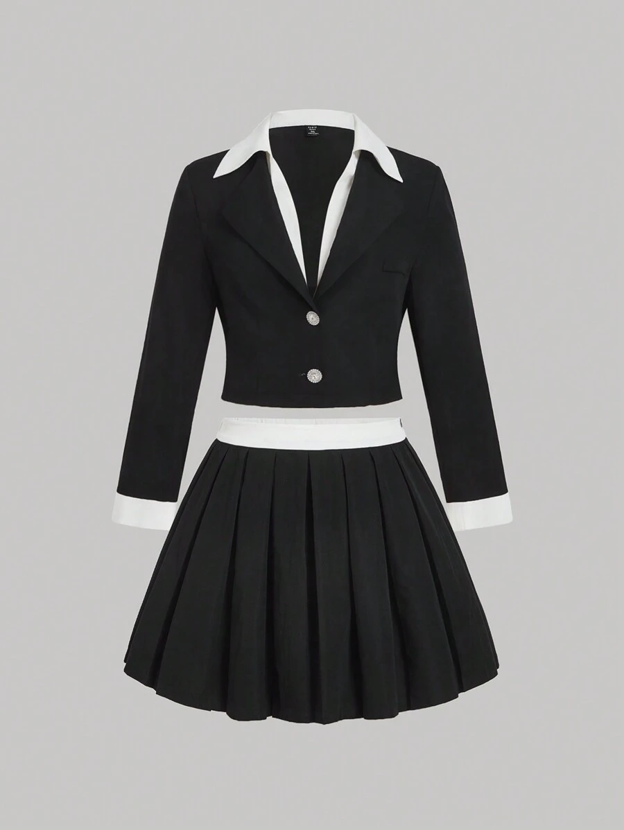 SHEIN MOD Duży rozmiar Czarny Kontrastowy Kolor Vintage Dwuczęściowy Garnitur Zestaw, Styl Studencki, Jesień/Zima