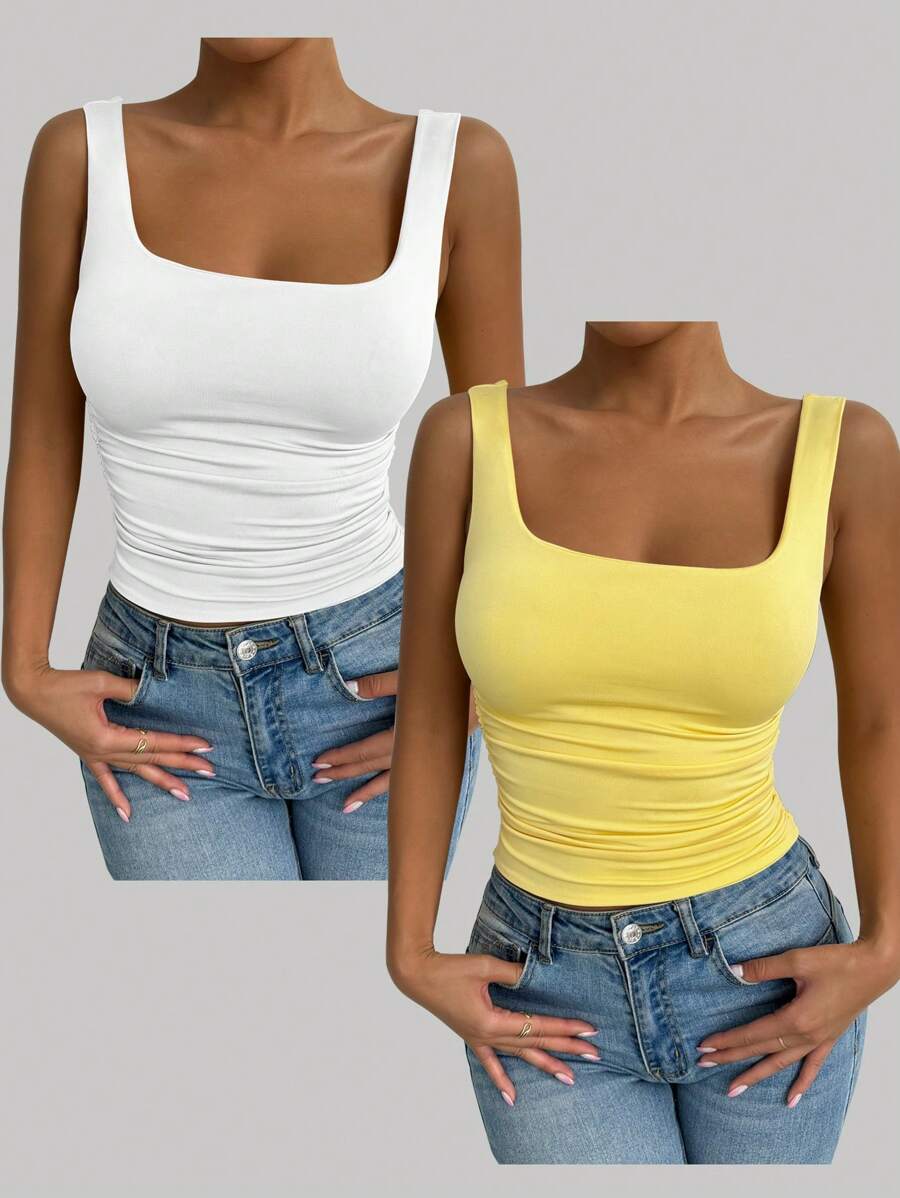 Chiquease Casual Solid Color Ruched Fitted Tank Top, Square Neck Tops, Tight Tops, Fitted Tops