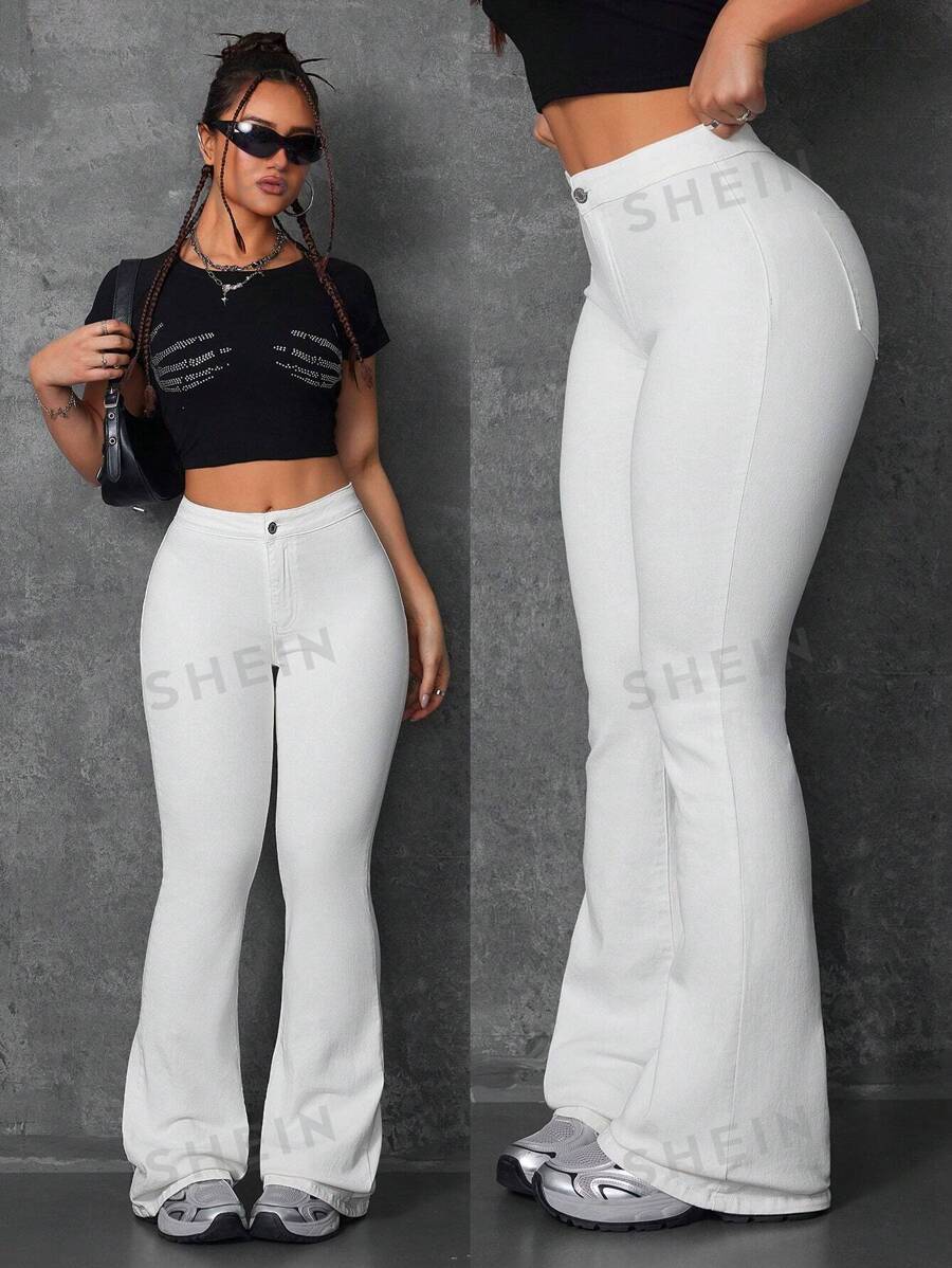 SHEIN Tall Jeans acampanados para mujer de tiro alto y cintura alta, de tela vaquera lavada en color blanco, con dobladillo sin acabar