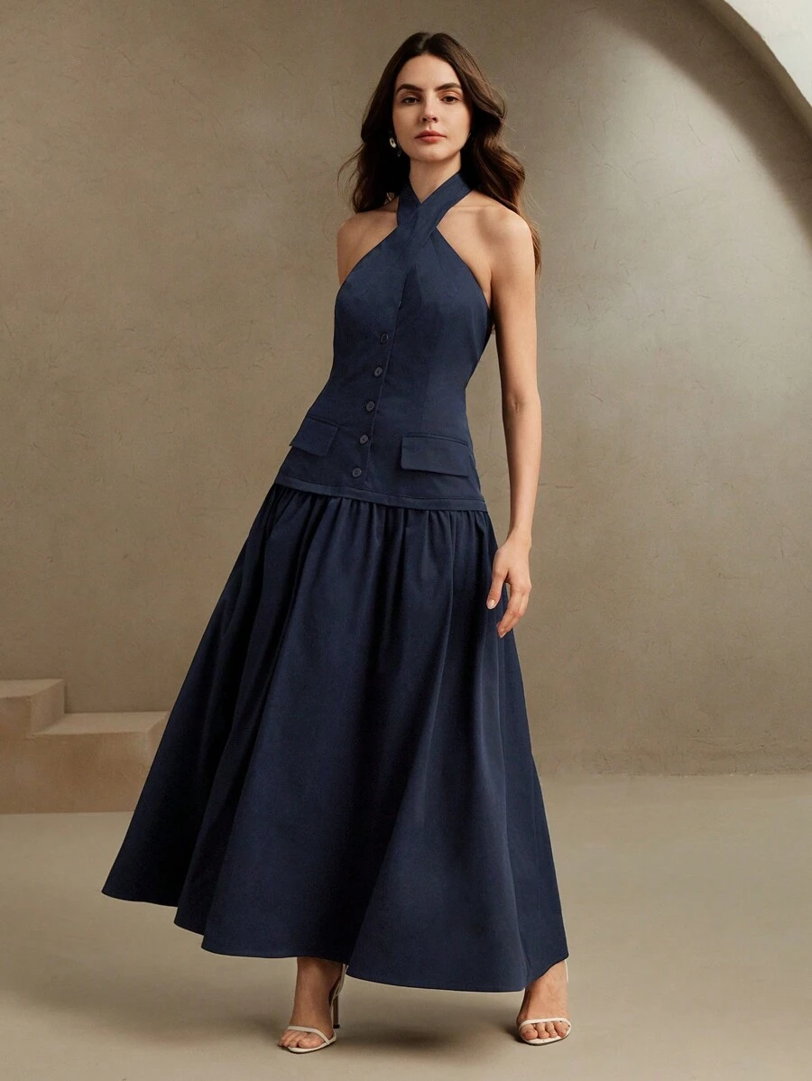 Anewsta Robe longue 2 en 1 avec encolure croisée en V et taille cintrée pour femme, tenue de travail printemps