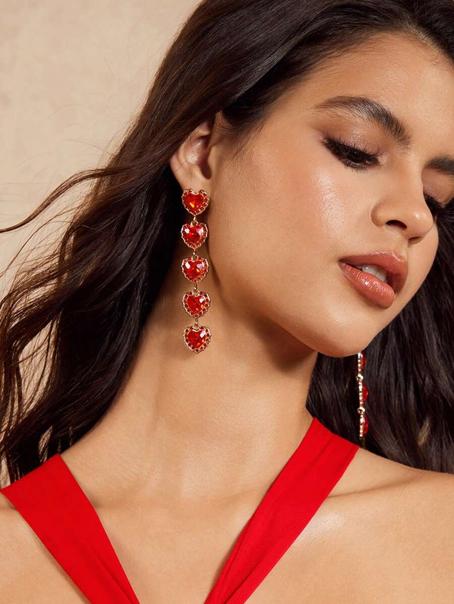 SHEIN BAE Aretes con forma de corazón rojo, flecos y rhinestones de estilo lujoso y de moda
