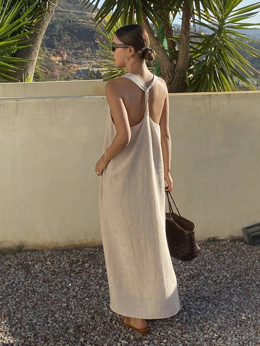 Livesso Women's Solid Color Loose Twist Rope Sleeveless Elegant Vacation Dress, Backless, Summer Sundress,Casual Women Dresses