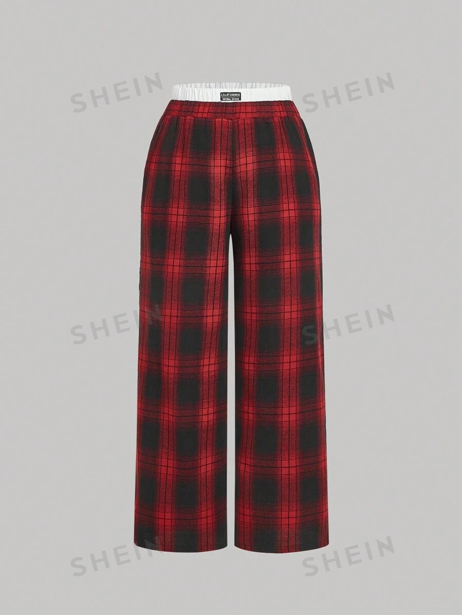 SHEIN MOD Pantalones rectos de talla grande con doble cintura a cuadros, estilo casual