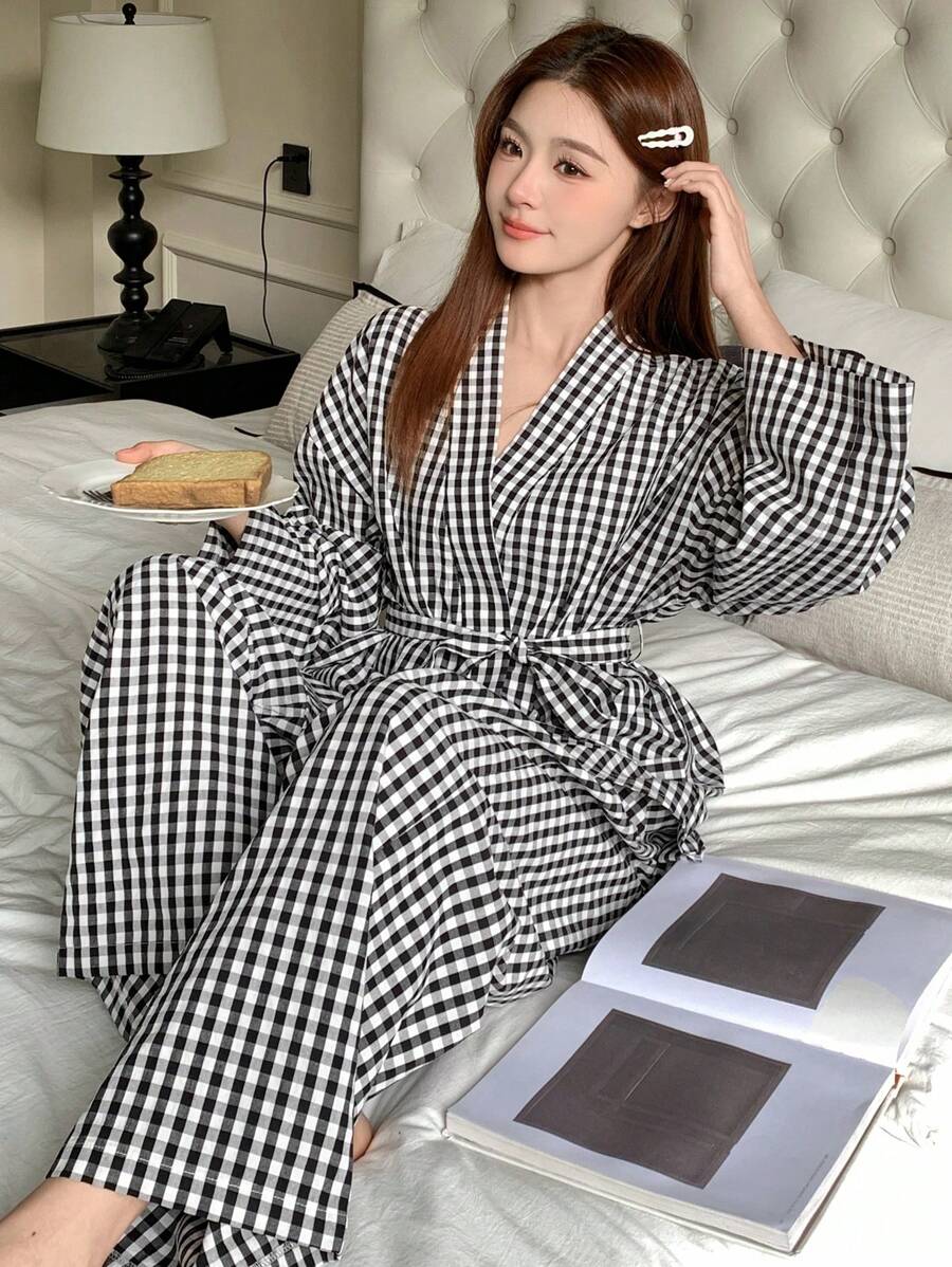DAZY Conjunto de top de cuello de chaqueta de tartán y pantalones de pijama rectos holgados