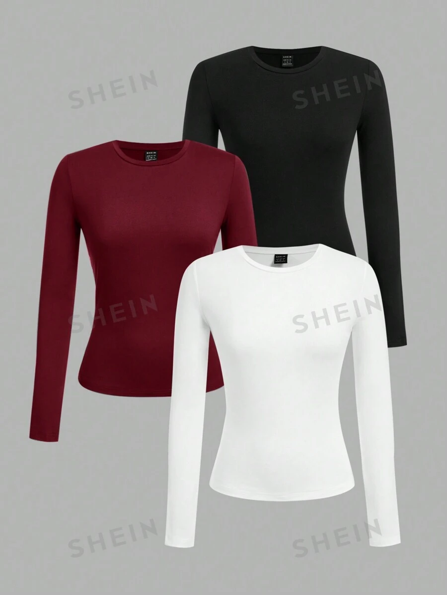 SHEIN EZwear Set de 3 camisetas de manga larga de cuello redondo, ajustadas y casuales, para mujer de talla grande, adecuadas para otoño/invierno