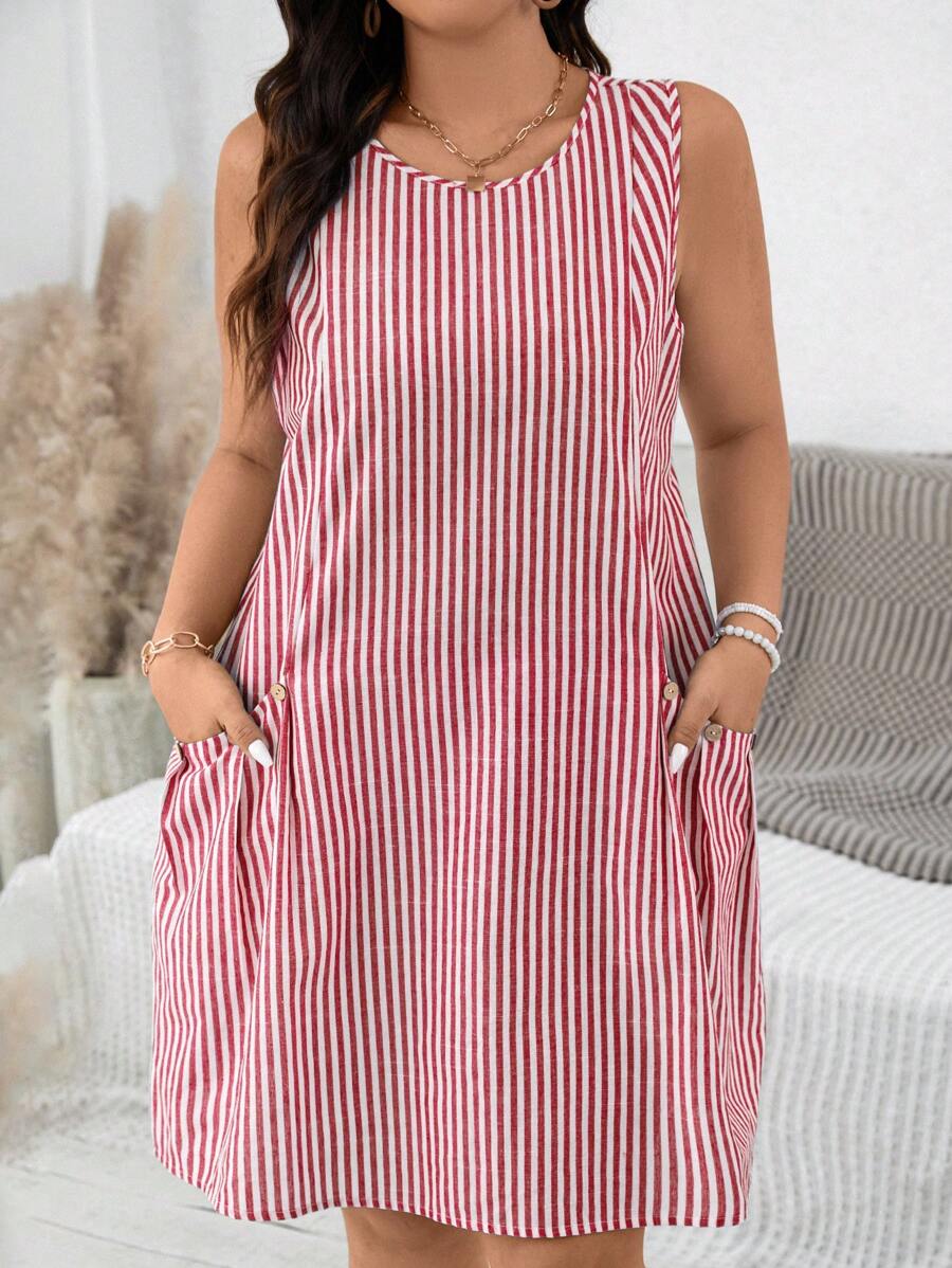 EMERY ROSE Plus Size Vertical Striped Sleeveless Dress With Pockets