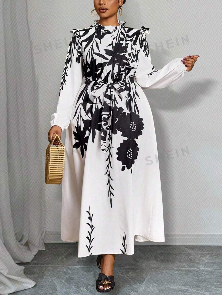 Slaydiva Vestido elegante de talla grande para mujer con estampado floral, cuello con volantes y mangas farol