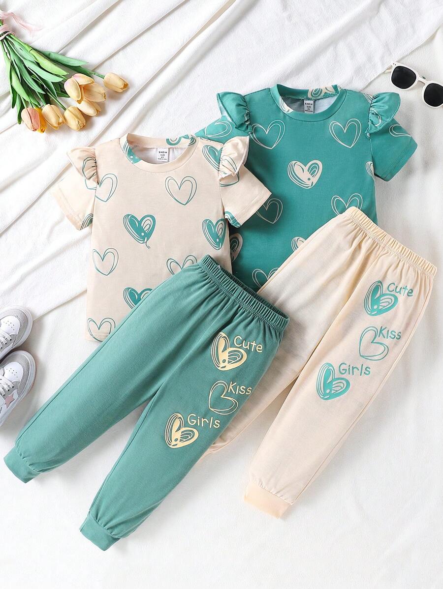 Conjunto de 2 piezas para niñas con camiseta de manga corta con estampado de corazón y pantalones con cordón y gráfico de corazón, conjunto de verano para uso diario, salidas, deportes, 4 piezas/set