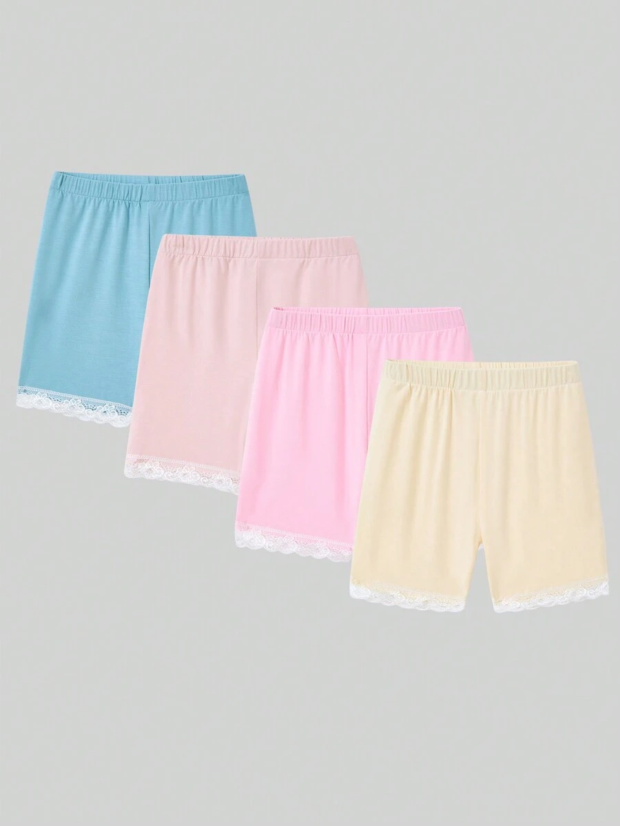 Set de 4 piezas Leggings elásticos con borde floral para niña, primavera/verano