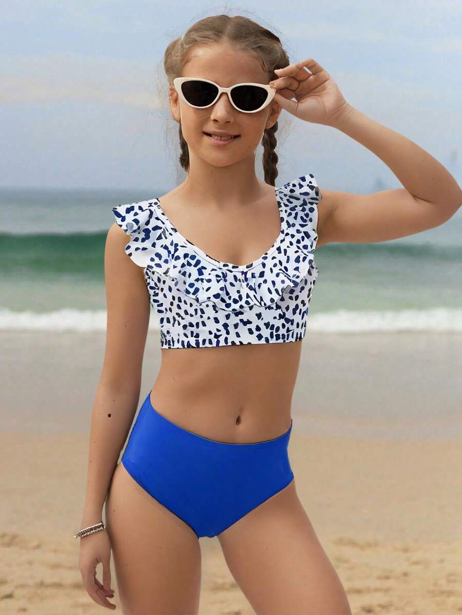 SHEIN Conjunto de traje de baño para niñas preadolescentes, lindo y de moda, para el Día de San Valentín, para la playa y la piscina