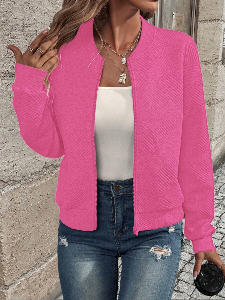 SHEIN LUNE Women's Hot Pink Textured Zip-Up Bomber Jacket: Casual And Stylish
